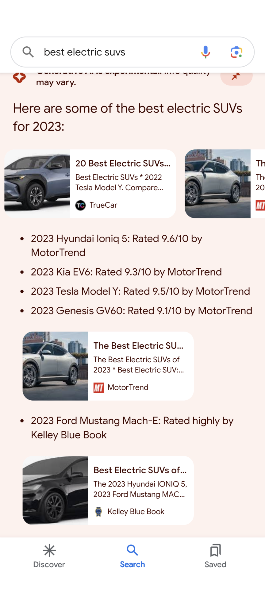 the ‘best electric suvs’ Google search query in mobile shows a generative AI response where after a few vehicles are mentioned links to resources are shown below and then another set of listed vehicles followed by more links to those resources