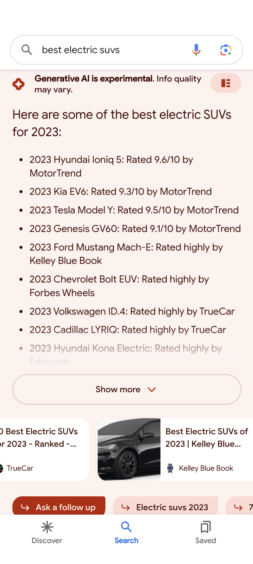 Google search box on mobile has the query ‘best electric suvs’ the Generative AI response lists several vehicles and then shows a carousel of links with images below the results