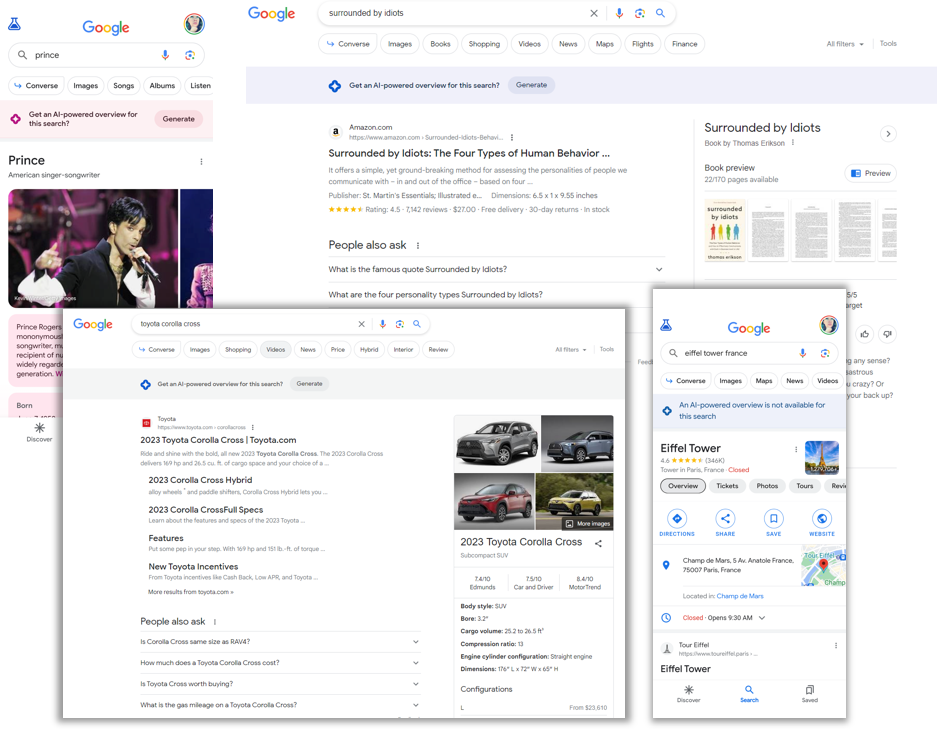 mobile and desktop search results for various queries show the current state of those queries with a prompt for ‘get an AI-powered overview for this search-Generate.’ The queries are for Prince, toyota corolla cross, eiffel tower france, and the book surrounded by idiots
