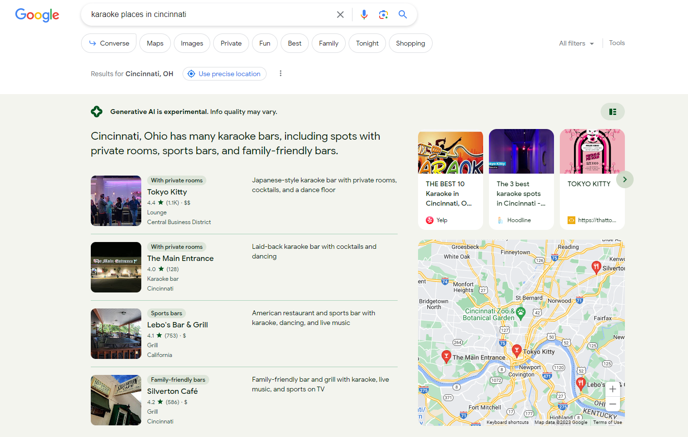 a desktop search for ‘karaoke places in cincinnati’ now shows just the suggested places along with a map to the right of it and a carousel of links above the map