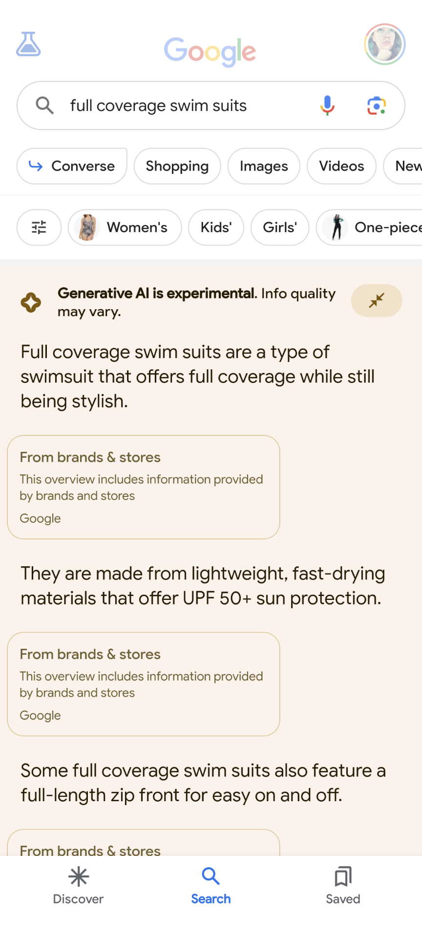 a mobile search for ‘full coverage swim suits’ generates several sentences in the AI response all followed by a box indicating ‘this overview includes information provided by brands and stores’