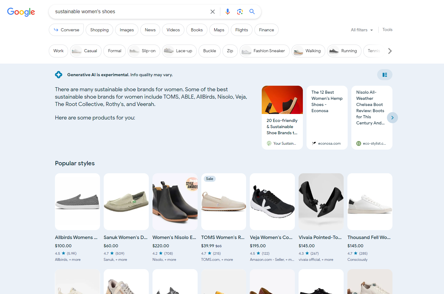 a desktop search for ‘sustainable women’s shoes’ shows a generative AI response with a blurb about some popular brands and a carousel of links next to that blurb seemingly where the response got its information