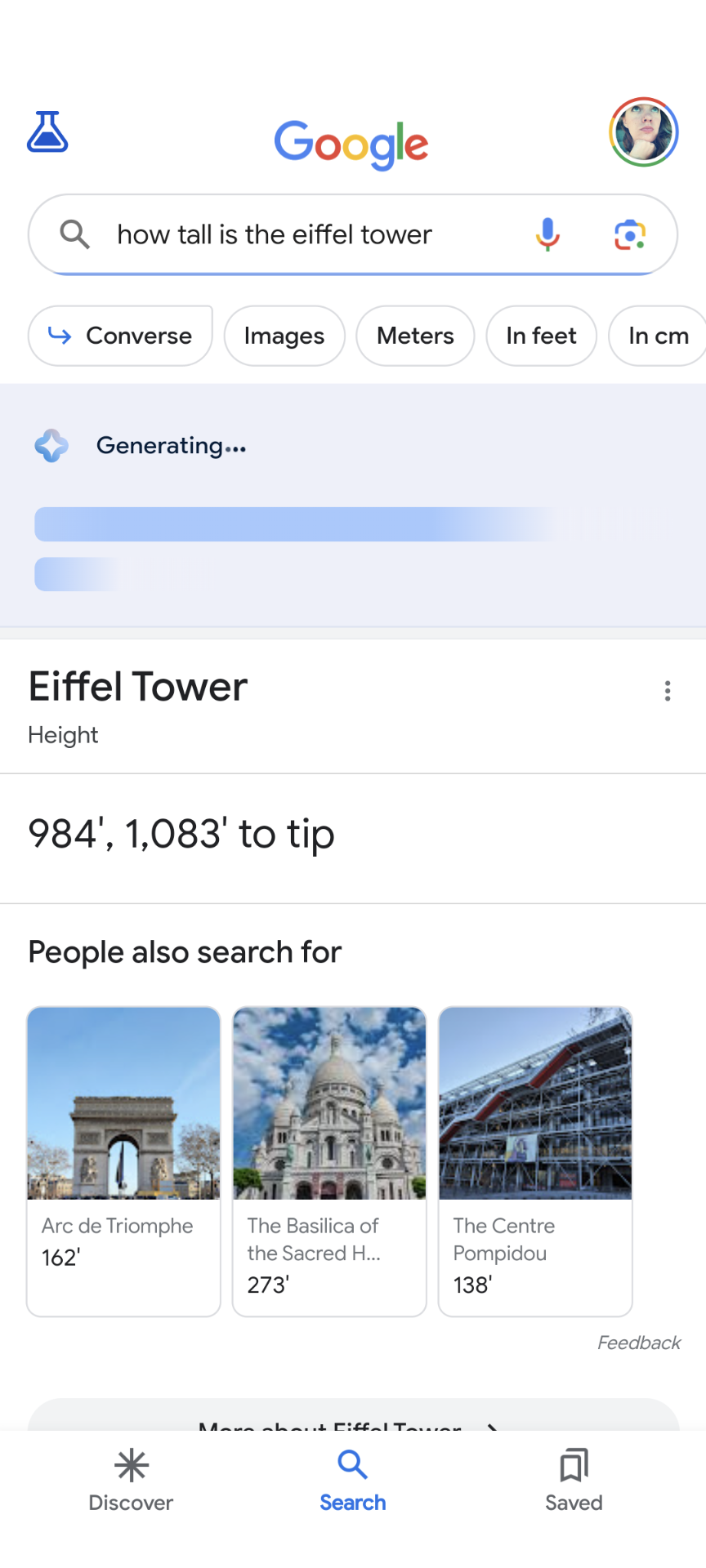 a desktop Google search for ‘how tall is the eiffel tower’ shows a generative AI response generating with blue bars stretching across the would-be response box but just below it is the answer already rendered in a featured snippet